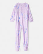 Girls Unicorn Print Loose Fit Long-Sleeve Zip-Up 1-Piece Pajamas - Purple, image 1 of 3 slides