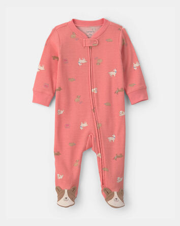 Baby Girl Dog Cotton 2-Way Zip Sleep & Play Pajamas - Coral, 