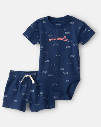 Baby Boy 2-Piece Fishing Waffle-Knit Bodysuit & Short Set - Blue, 