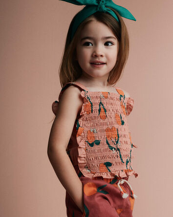 Toddler Girl Smocked Bib Top in Clementine Grove Print - Light Pink, 