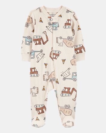 Baby Boy Construction 2-Way Zip Ribbed Sleep & Play Pajamas - Cream, 