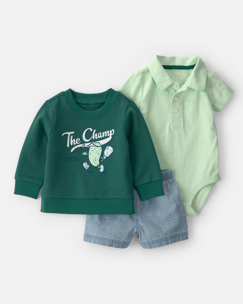 Baby Boy 3-Piece Pickleball Sweatshirt, Bodysuit & Short Set - Green, image 1 of 6 slides