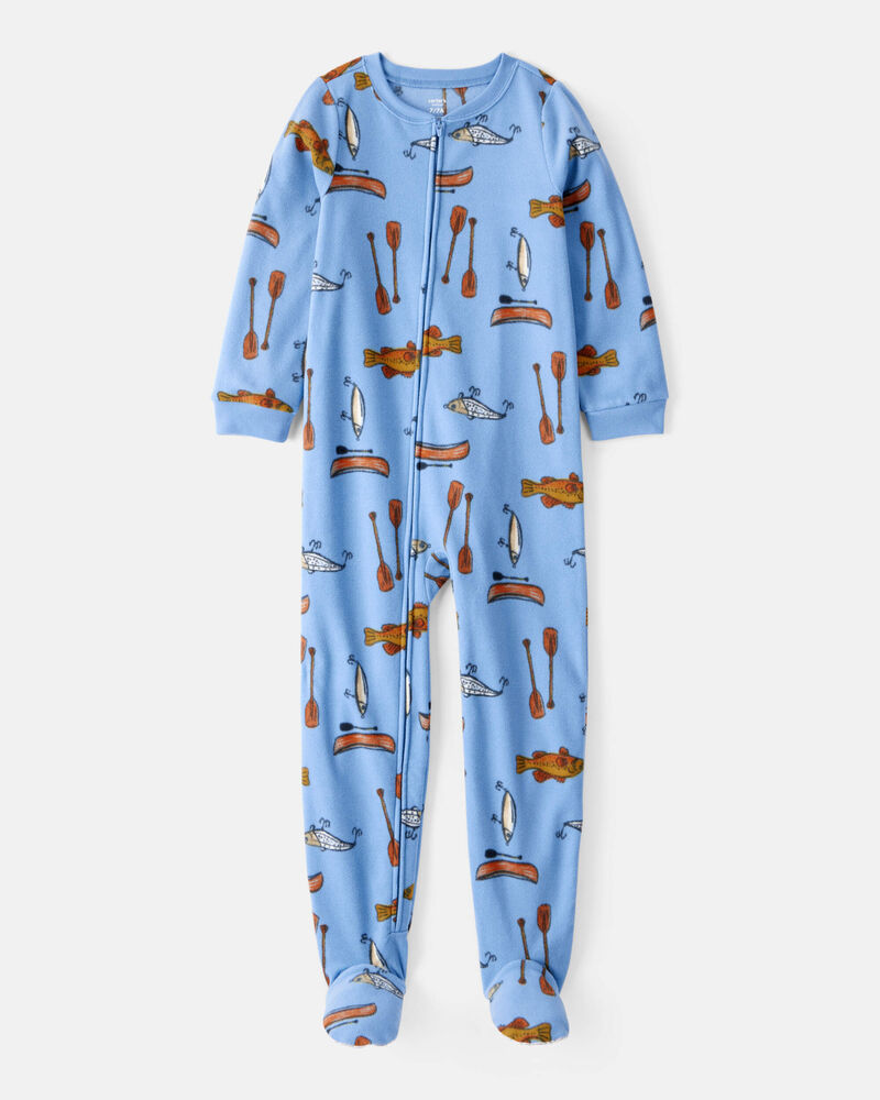 Boys 1-Piece Fishing Print Fleece Footie Pajamas - Blue, image 1 of 3 slides