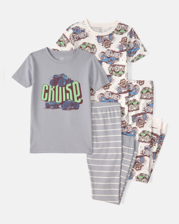 Boys Monster Truck 100% Cotton Snug Fit 4-Piece Pajama Set - Grey, 