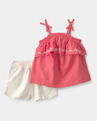 Baby Girl 2-Piece Linen Sleeveless Top & Short Set - Coral/Ivory, image 1 of 5 slides
