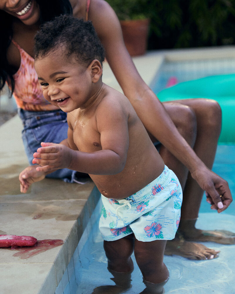 Toddler Boy 2-Piece Palm Tree Rashguard & Swim Trunk Set - Blue, image 2 of 9 slides