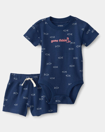 Baby Boy 2-Piece Fishing Waffle-Knit Bodysuit & Short Set - Blue, 