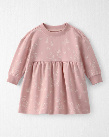 Baby Girl Organic Cotton French Terry Dress in Pink Bunnies Print, 