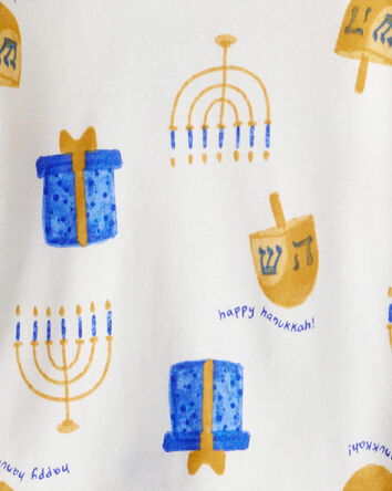 Toddler Hannukah Print 100% Cotton Long-Sleeve Snug Fit 2-Piece Pajamas - White, 
