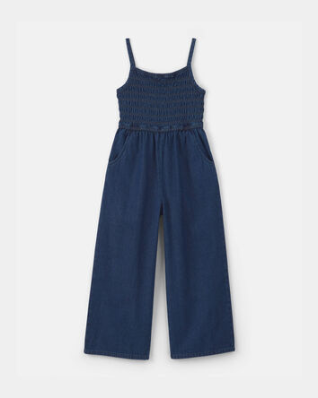 Girls Smocked Denim Wide-Leg Jumpsuit - Dark Wash, 
