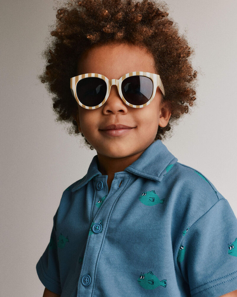 Toddler Boy Button-Down Short-Sleeve Shirt in Fish Print - Slate Blue, image 5 of 6 slides