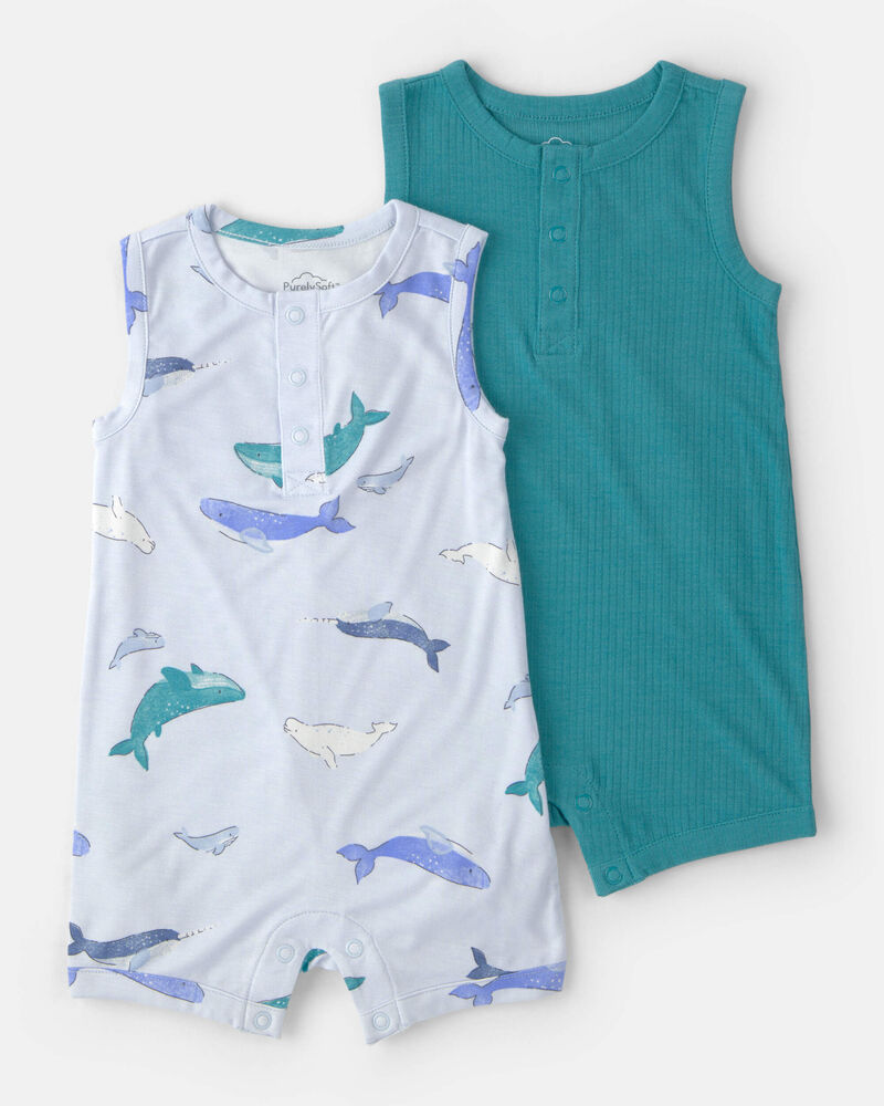 Baby 2-Pack Whale PurelySoft Sleeveless Romper Set - Blue, image 1 of 6 slides