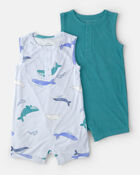 Baby 2-Pack Whale PurelySoft Sleeveless Romper Set - Blue, image 1 of 6 slides