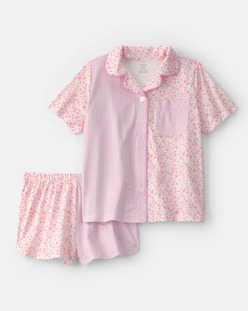 Girls Floral Stripe Short-Sleeve Loose Fit 2-Piece Pajama Set - Pink, 