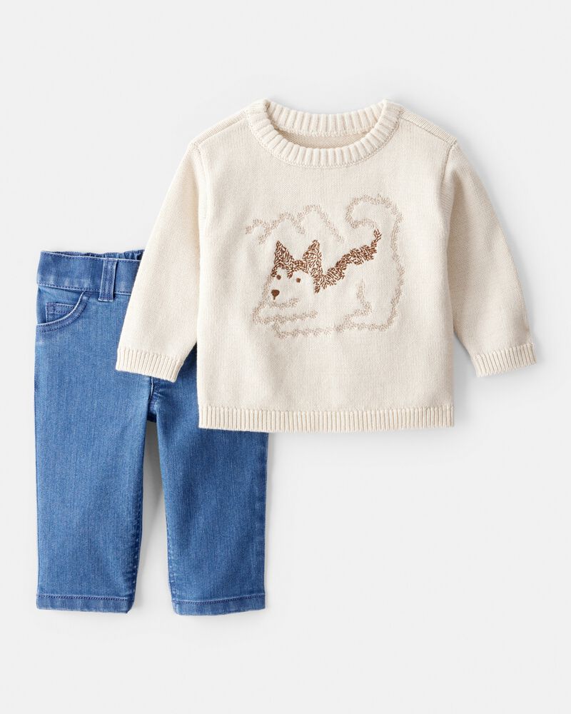 Baby Boy 2-Piece Dog Sweater & Pant Set - Cream, image 1 of 7 slides