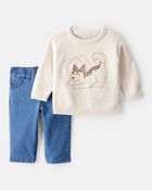 Baby Boy 2-Piece Dog Sweater & Pant Set - Cream, image 1 of 7 slides
