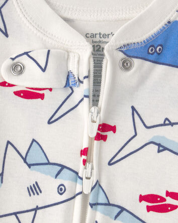 Baby Boy Shark 100% Cotton Snug Fit 1-Piece Pajama - Ivory/Blue, 