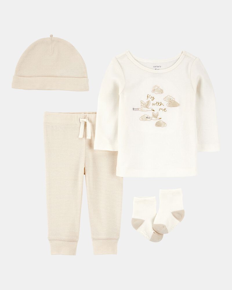 Baby 4-Piece Cloud Print Outfit Set - White/Tan, image 1 of 5 slides