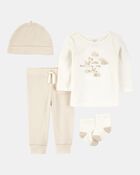 Baby 4-Piece Cloud Print Outfit Set - White/Tan, image 1 of 5 slides