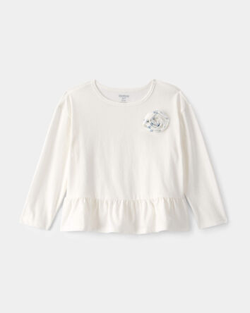 Toddler Girl Rose Applique Long-Sleeve Peplum Top - Ivory, 