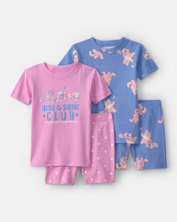 Toddler Girl Cat 100% Cotton Short-Sleeve Snug Fit 4-Piece Pajama Set - Purple/Blue, 