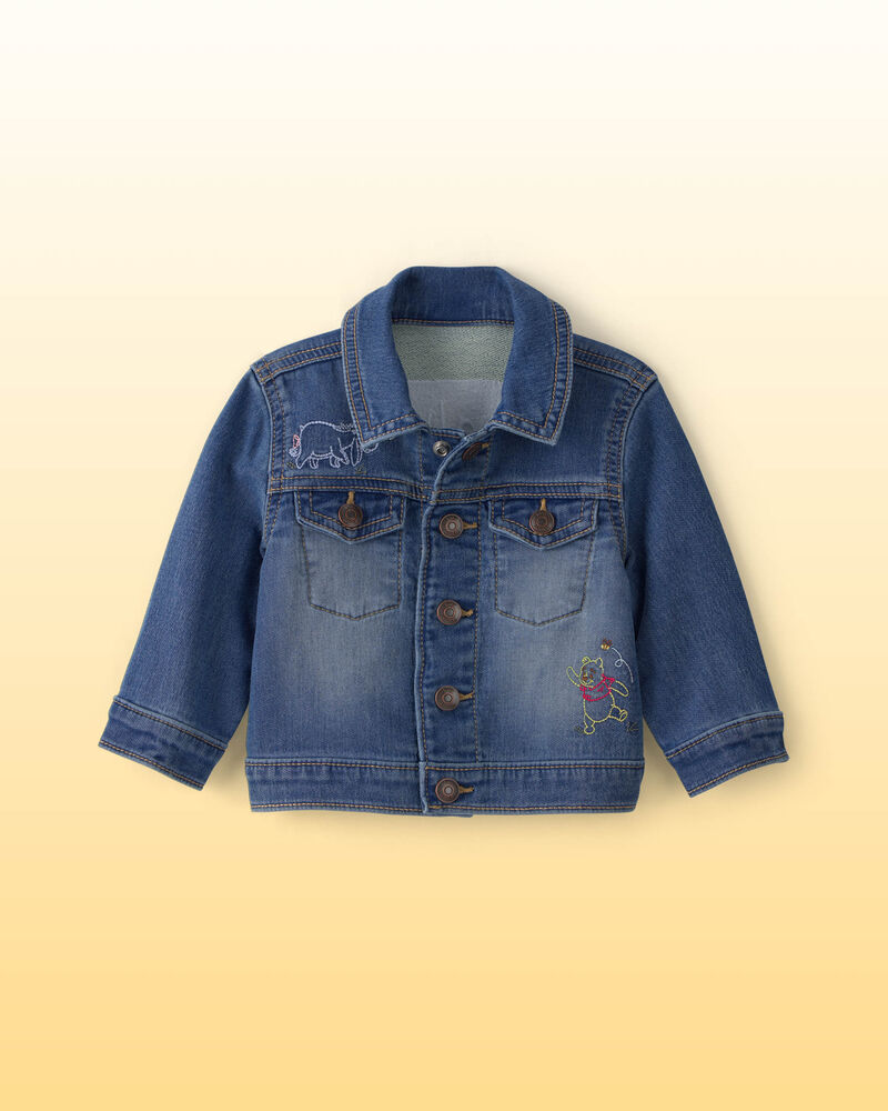 Baby Disney&copy; Winnie the Pooh Embroidered Knit-Like Denim Jacket with Back Art - Dark Wash, image 1 of 9 slides