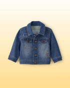 Baby Disney&copy; Winnie the Pooh Embroidered Knit-Like Denim Jacket with Back Art - Dark Wash, image 1 of 9 slides
