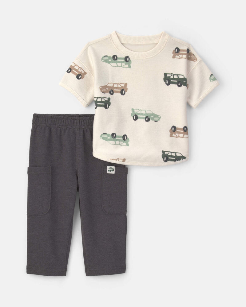 Baby Boy 2-Piece Car French Terry Short-Sleeve Top & Pant Set - Cream/Grey, image 1 of 5 slides