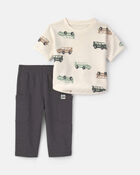 Baby Boy 2-Piece Car French Terry Short-Sleeve Top & Pant Set - Cream/Grey, image 1 of 5 slides