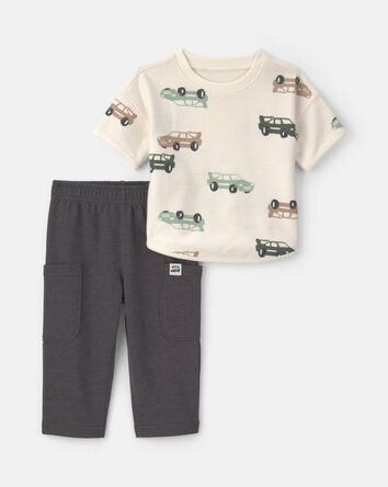 Baby Boy 2-Piece Car French Terry Short-Sleeve Top & Pant Set - Cream/Grey, 