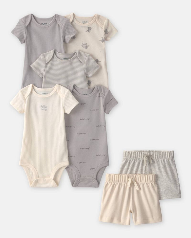 Baby 7-Piece Bodysuits & Shorts Set - Grey/Ivory, image 1 of 11 slides