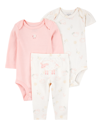 Baby Girl 3-Piece Floral Sheep Bodysuits & Pant Set - Pink/Ivory, 