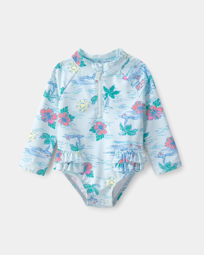Baby Girl Tropical Beach Long-Sleeve Rashguard Swimsuit - Blue, image 1 of 5 slides