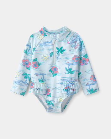 Baby Girl Tropical Beach Long-Sleeve Rashguard Swimsuit - Blue, 