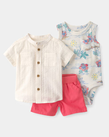 Baby Boy 3-Piece Tropical Beach Short-Sleeve Bodysuit, Top & Short Set, 