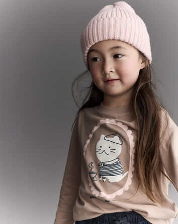 Toddler Girl Cocoa Cat Long-Sleeve Relaxed Graphic Tee - Tan, 