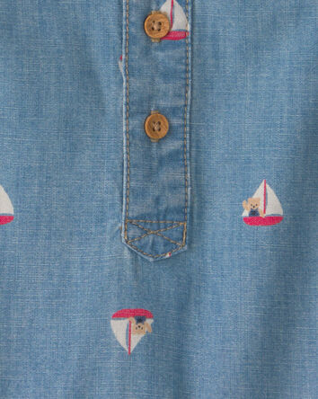 Baby Teddy Bear Sailboat Chambray Romper - Indigo, 