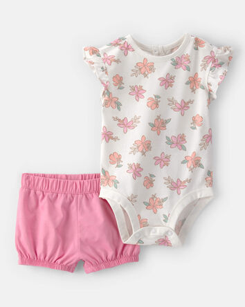 Baby Girl 2-Piece Floral Short-Sleeve Bodysuit & Short Set - Pink/White, 