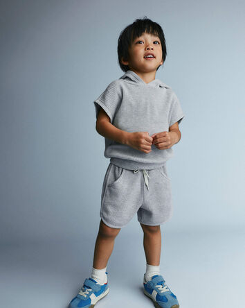 Toddler Waffle Knit Elastic-Waist Hooded Top - Heather Grey, 