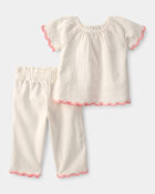 Baby Girl 2-Piece Linen-like Short-Sleeve Outfit Set - Cream, image 1 of 6 slides