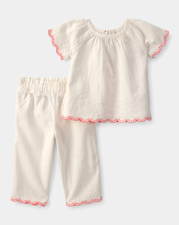 Baby Girl 2-Piece Linen-like Short-Sleeve Outfit Set - Cream, 