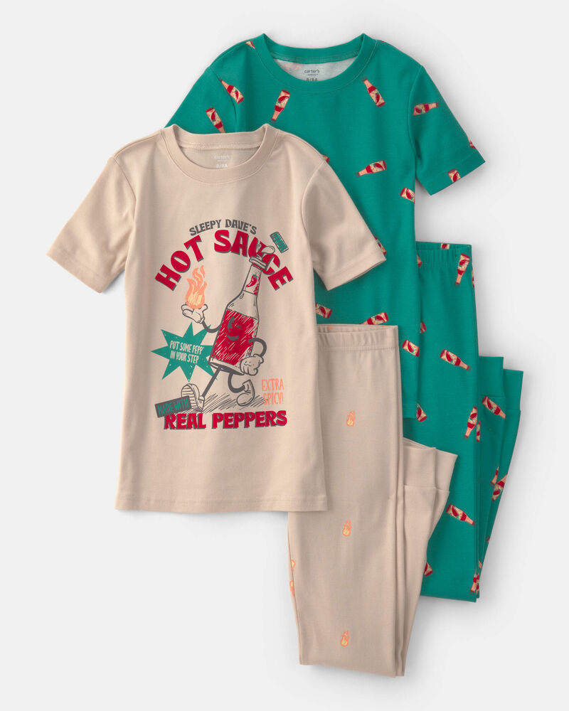 Boys Hot Sauce 100% Cotton Snug Fit 4-Piece Pajama Set - Tan/Green, image 1 of 5 slides