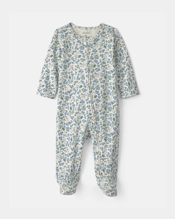 Baby Girl Floral 100% Cotton 2-Way Zip Sleep & Play Pajamas - Blue/Ivory, 