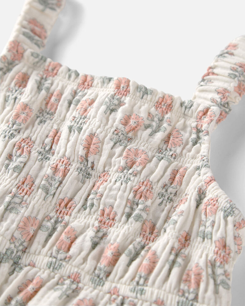 Toddler Girl Organic Cotton Gauze Jumpsuit in Rosebud Petal Print, image 2 of 4 slides