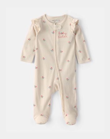 Baby Girl 'Baby Sister' Cotton 2-Way Zip Sleep & Play Pajamas - Ivory, 