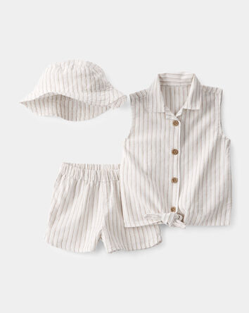 Baby Girl 3-Piece Striped Sleeveless Top & Short Set - Tan/Ivory, 