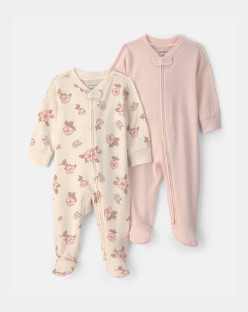 Baby Girl 2-Pack Floral Striped 100% Cotton 2-Way Zip Sleep & Play Pajamas - Pink/Ivory, 