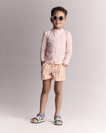Toddler Boy Off-Center Stripe Swim Trunk - Light Pink/Orange, 