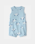 Baby Boy Car Waffle-Knit Sleeveless Romper - Blue, image 1 of 3 slides