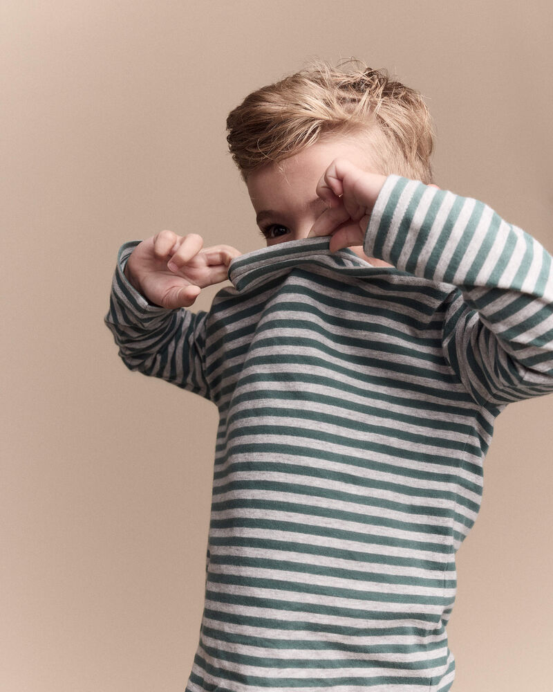Toddler Striped Long-Sleeve Relaxed Tee - Green/Heather Grey, image 5 of 7 slides